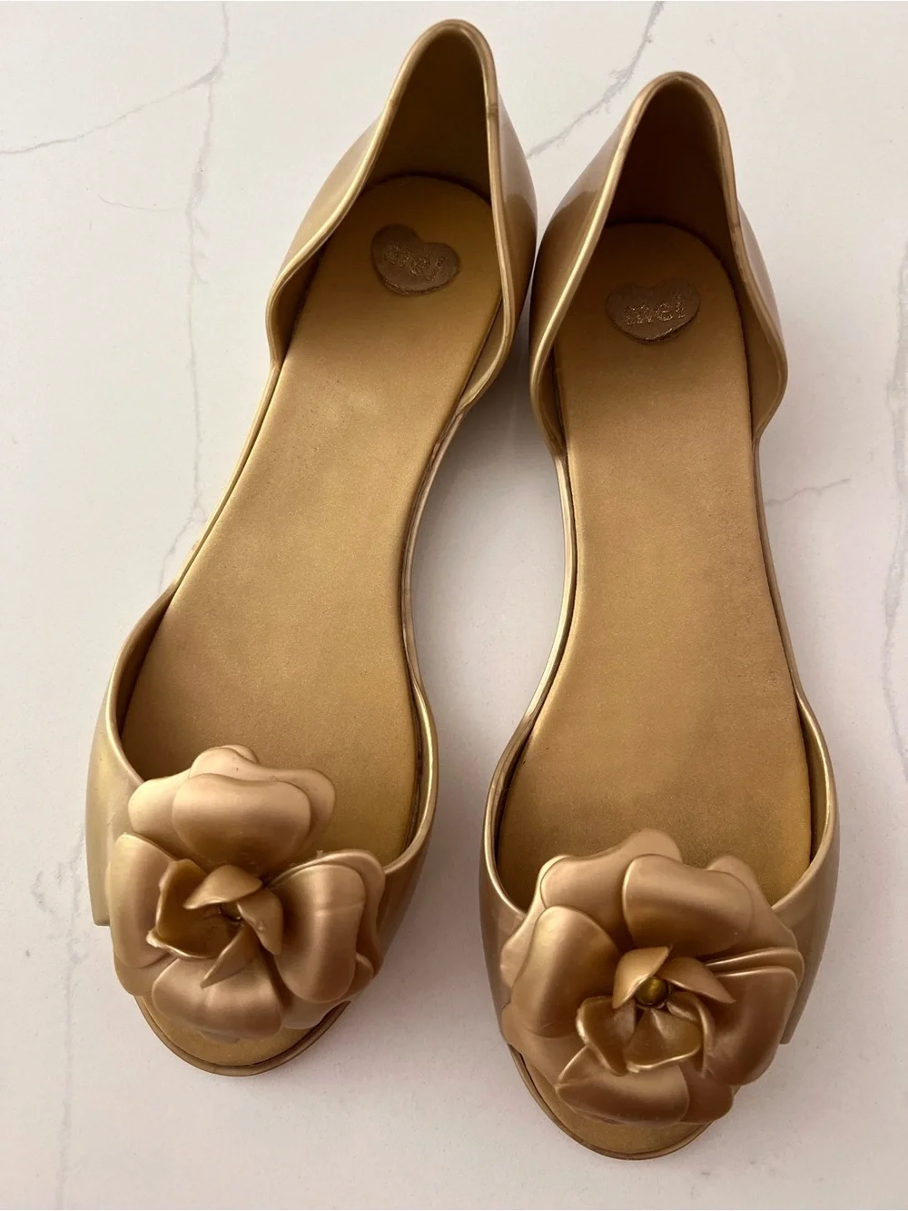 Mel by Melissa Jelly Flats Peep Toe With Flower Gold Size US 7 EU 38